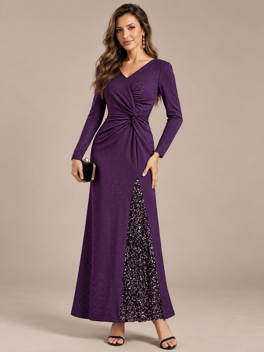 Sequin Knit Long Sleeve Evening Dress #color_Dark Purple