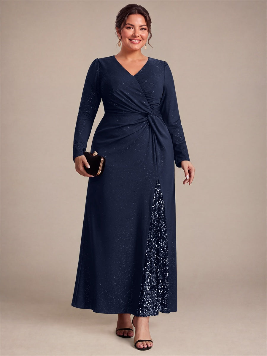 Sequin Knit Long Sleeve Evening Dress #color_Navy Blue