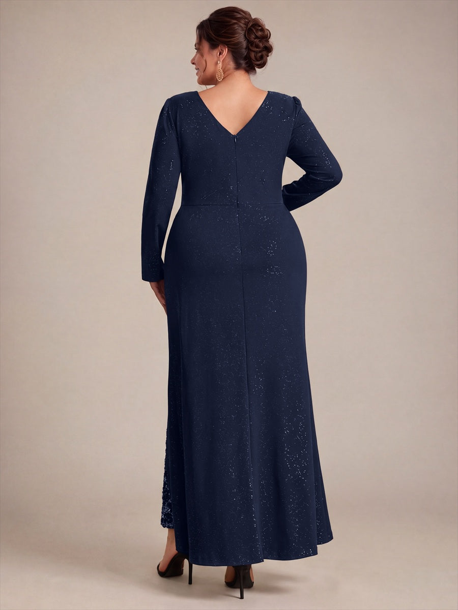 Plus Size Sequin Knit Evening Dress #color_Navy Blue