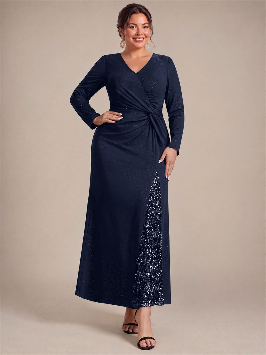 Sequin Knit Long Sleeve Evening Dress #color_Navy Blue