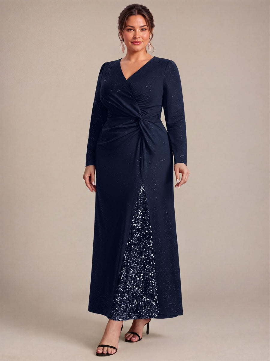 Sequin Knit Long Sleeve Evening Dress #color_Navy Blue