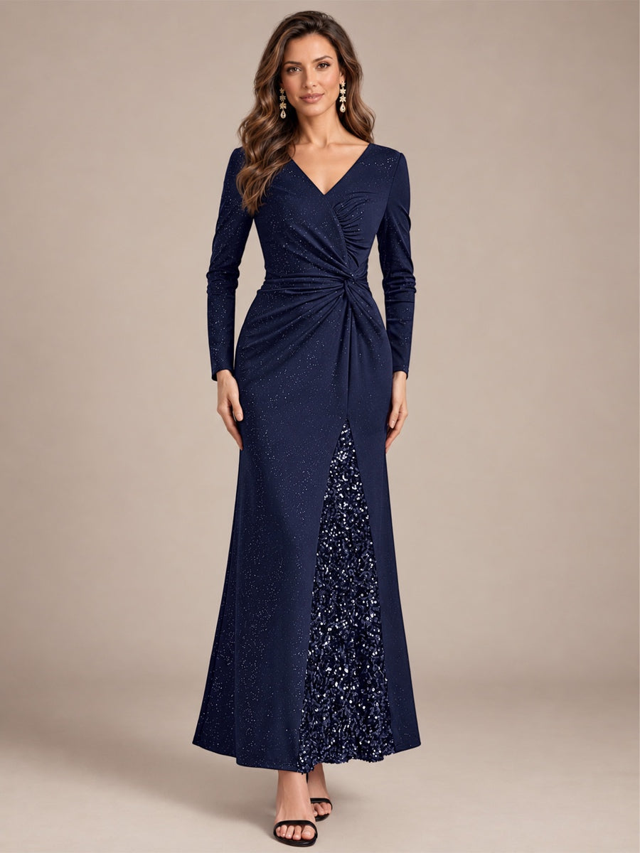Sequin Knit Long Sleeve Evening Dress #color_Navy Blue