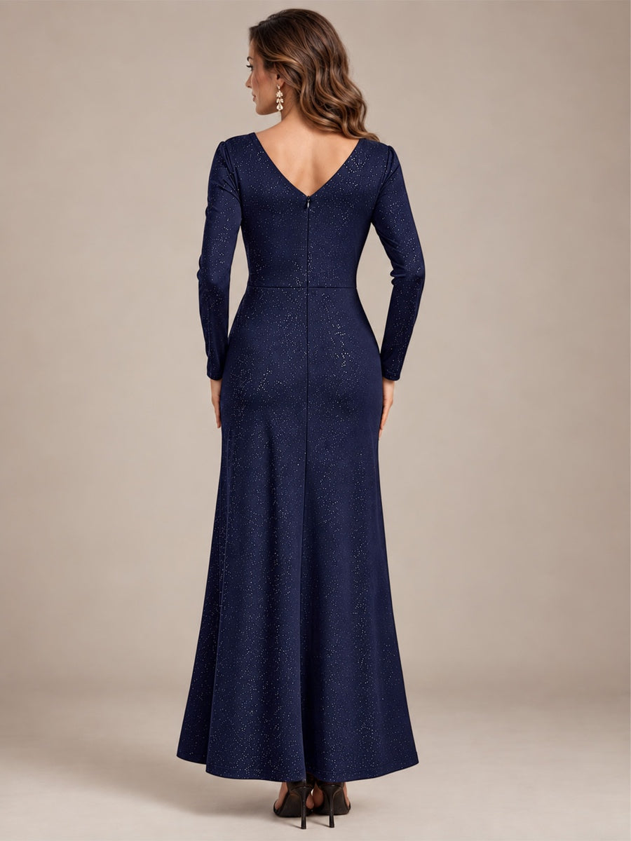 Sequin Knit Long Sleeve Evening Dress #color_Navy Blue