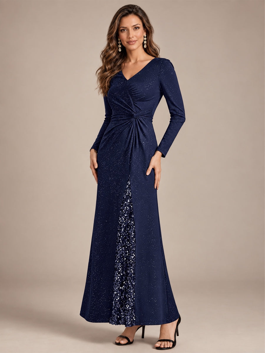 Sequin Knit Long Sleeve Evening Dress #color_Navy Blue