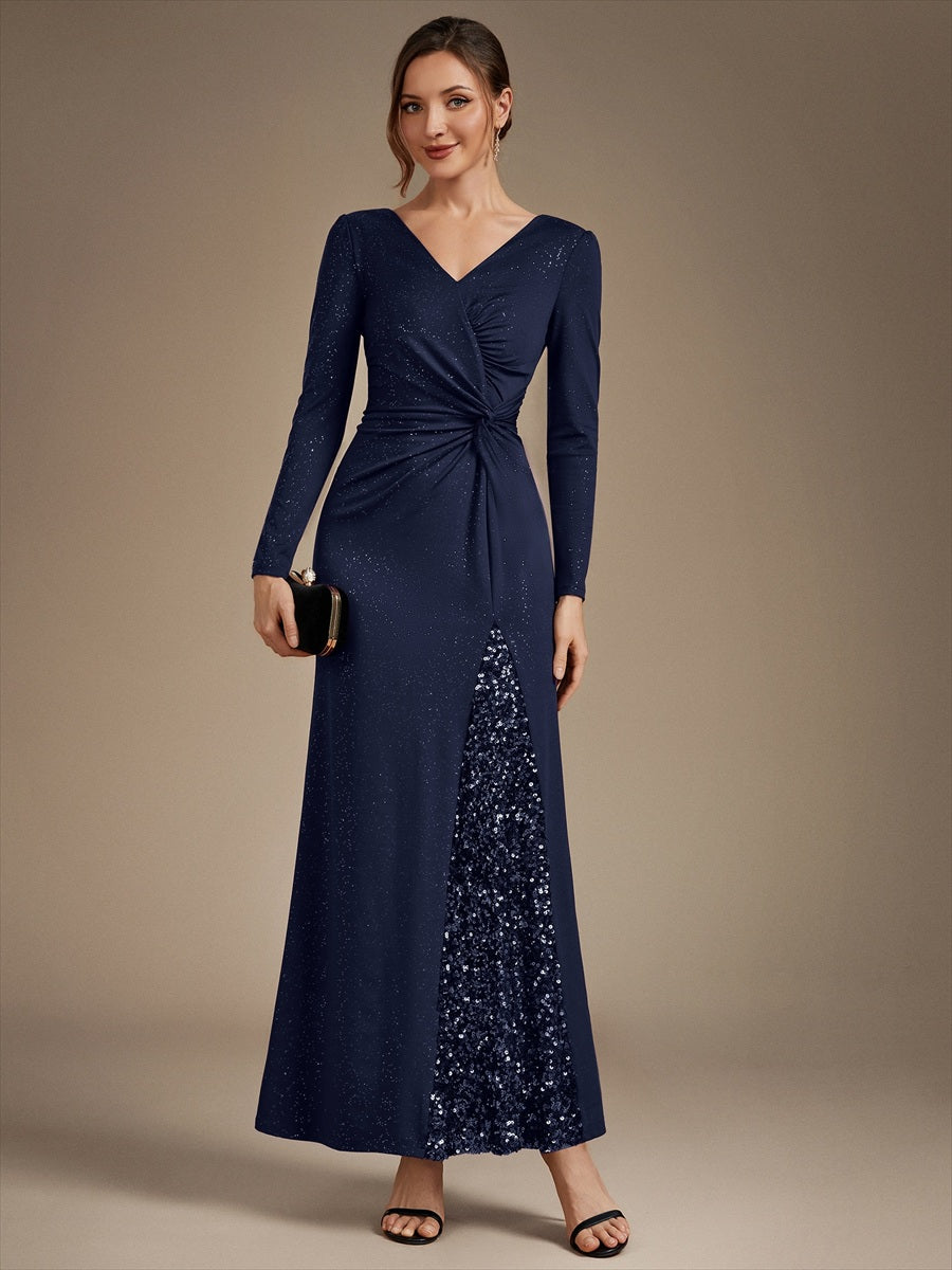 Sequin Knit Long Sleeve Evening Dress #color_Navy Blue