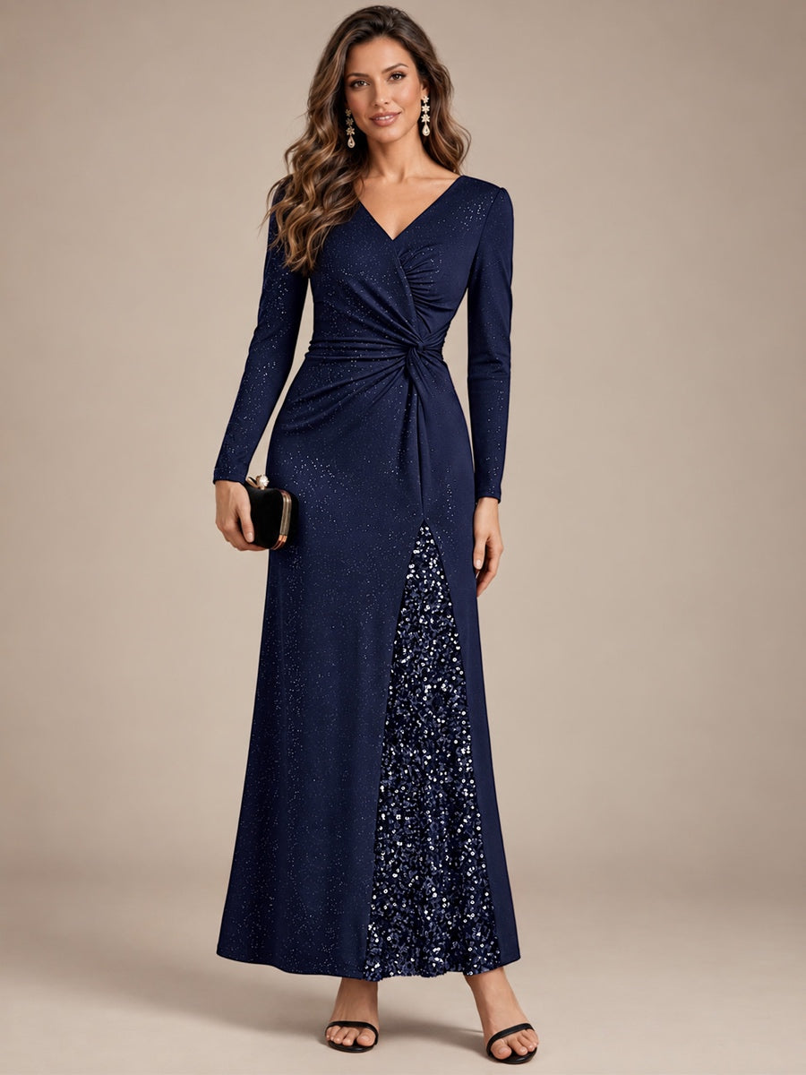 Sequin Knit Long Sleeve Evening Dress #color_Navy Blue