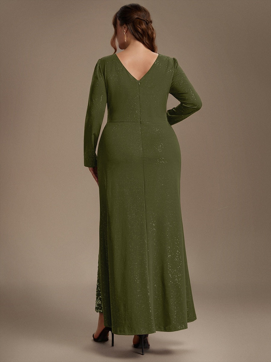 Sequin Knit Long Sleeve Evening Dress #color_Olive Green