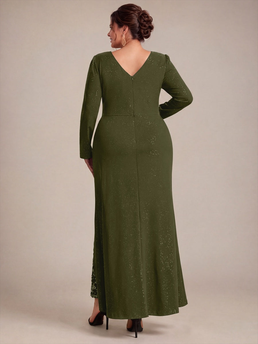 Plus Size Sequin Knit Evening Dress #color_Olive Green