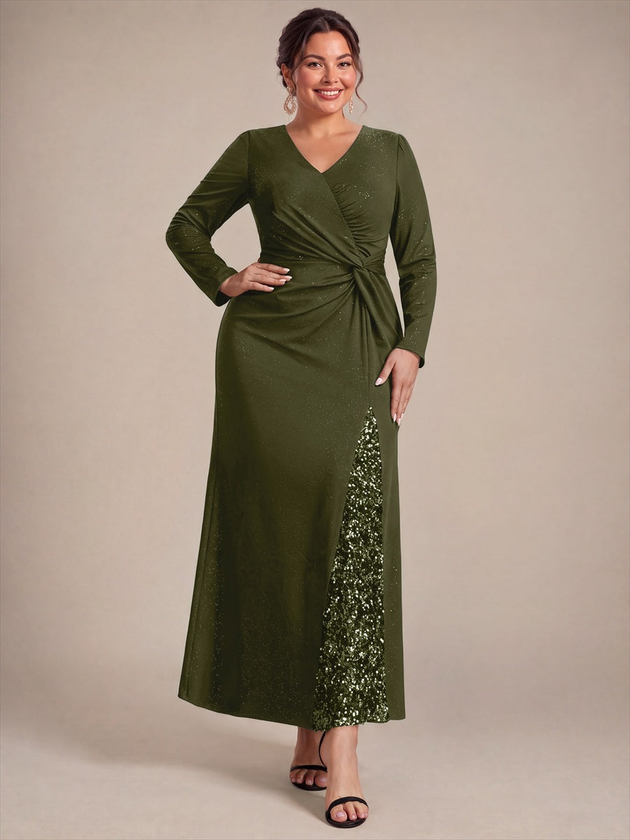 Plus Size Sequin Knit Evening Dress #color_Olive Green