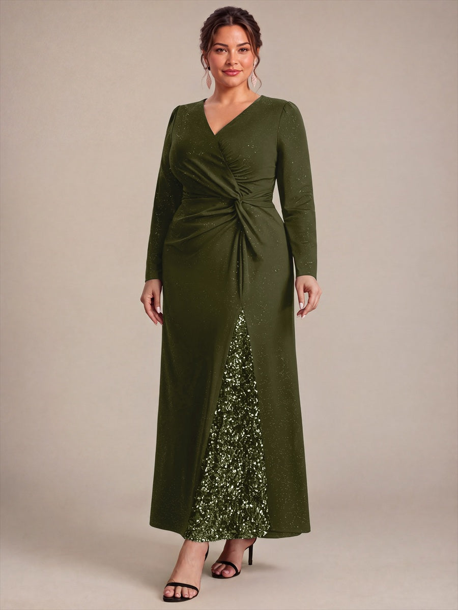 Sequin Knit Long Sleeve Evening Dress #color_Olive Green