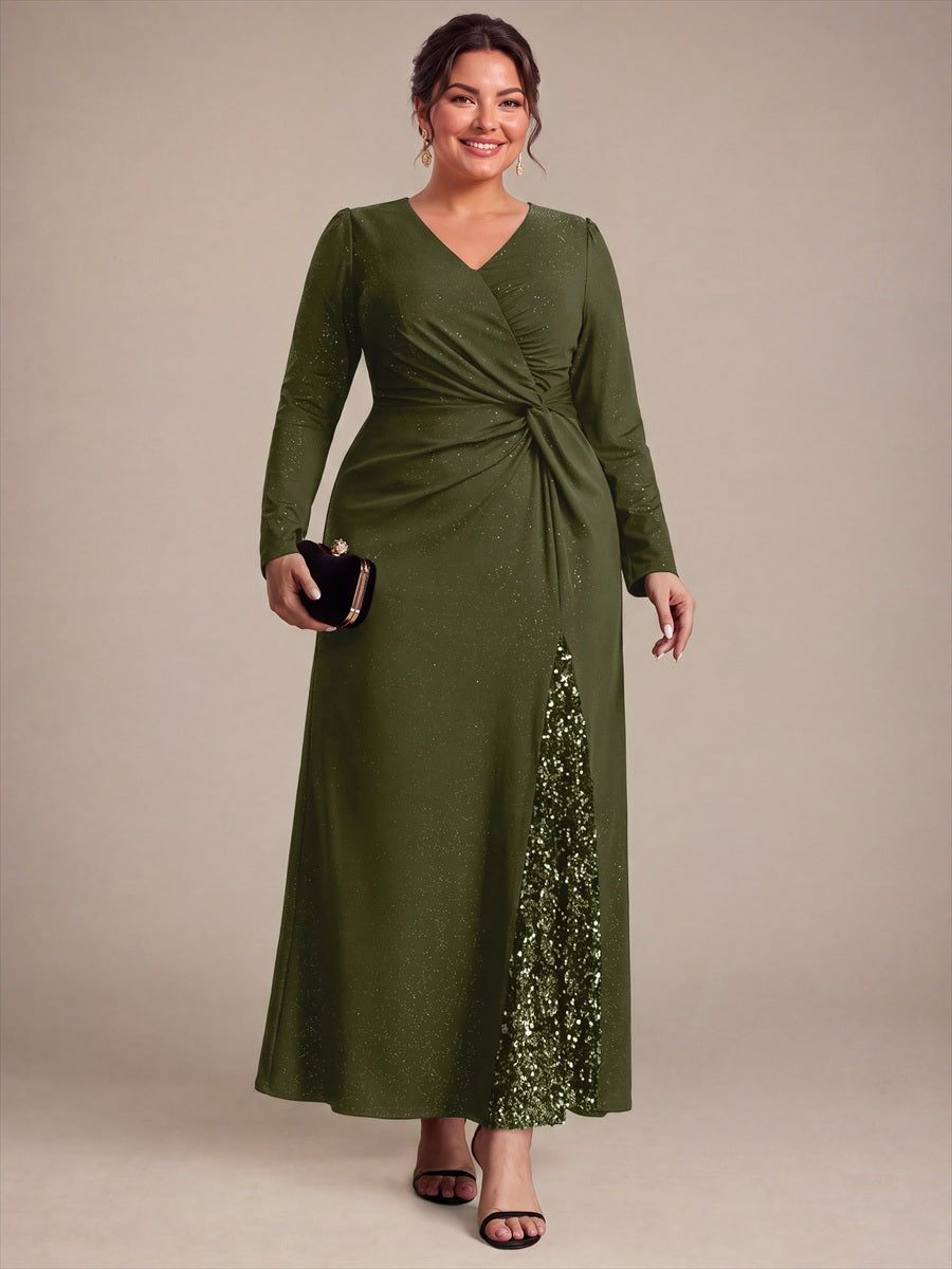 Plus Size Sequin Knit Evening Dress #color_Olive Green