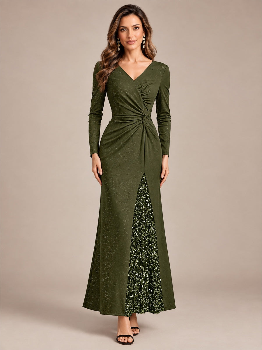 Sequin Knit Long Sleeve Evening Dress #color_Olive Green