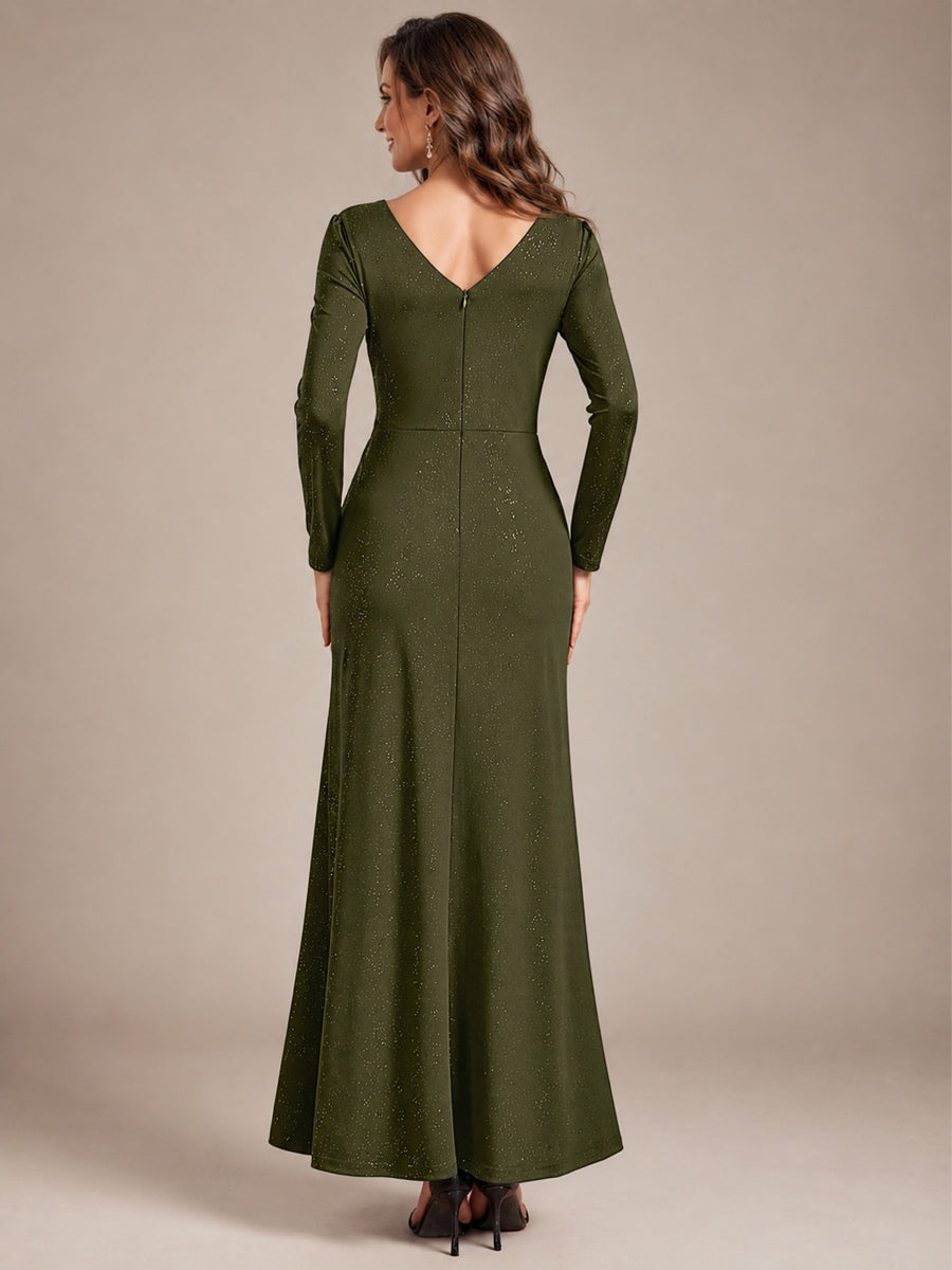 Sequin Knit Long Sleeve Evening Dress #color_Olive Green