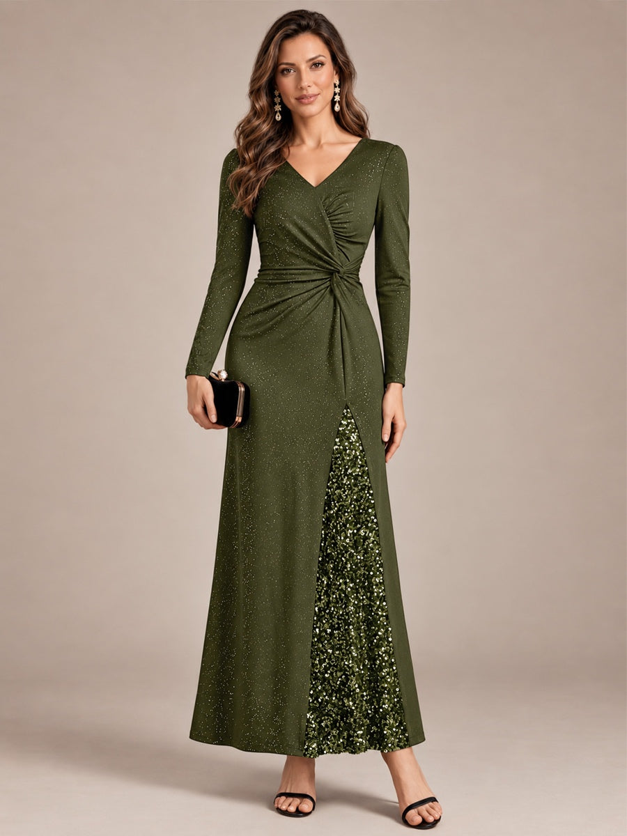 Sequin Knit Long Sleeve Evening Dress #color_Olive Green