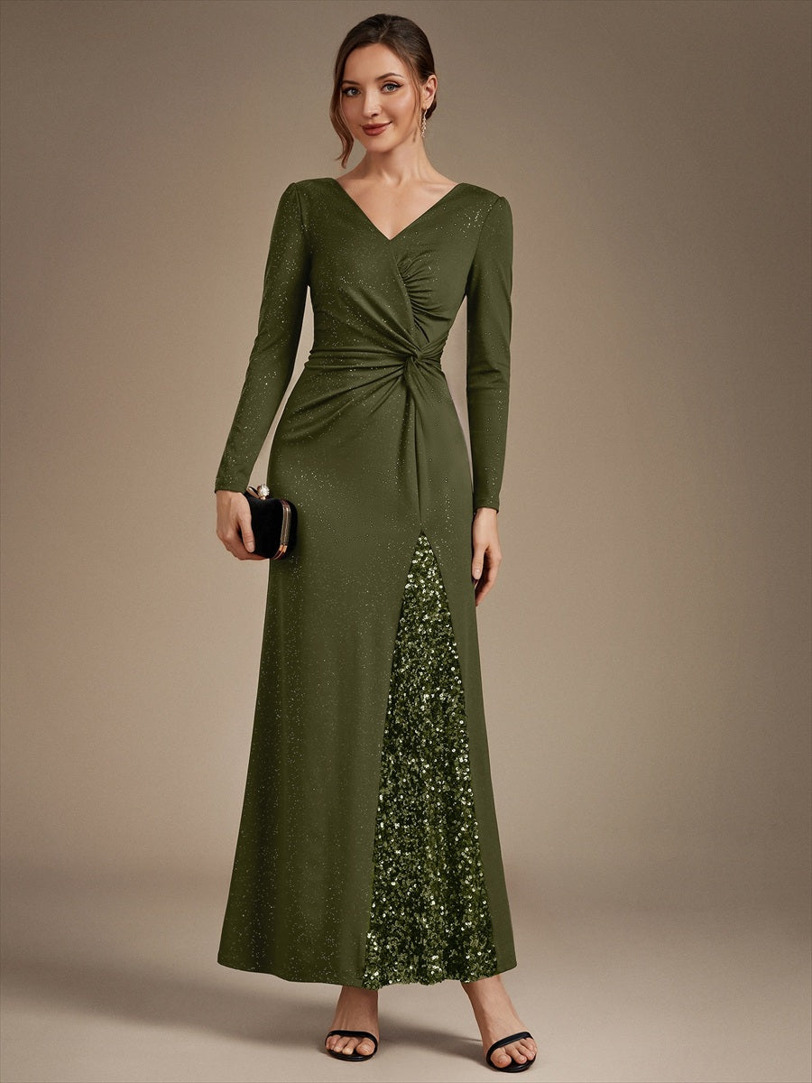 Sequin Knit Long Sleeve Evening Dress #color_Olive Green
