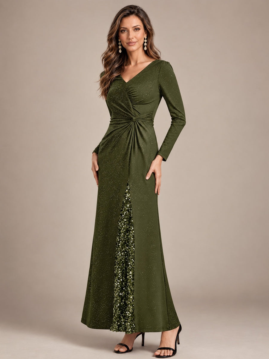 Sequin Knit Long Sleeve Evening Dress #color_Olive Green