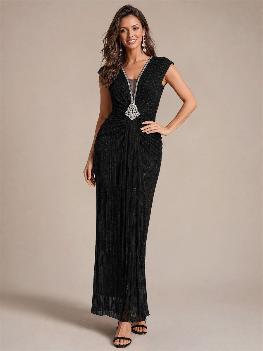 Tulle Cap Sleeve Bodycon Evening Dress #color_Black