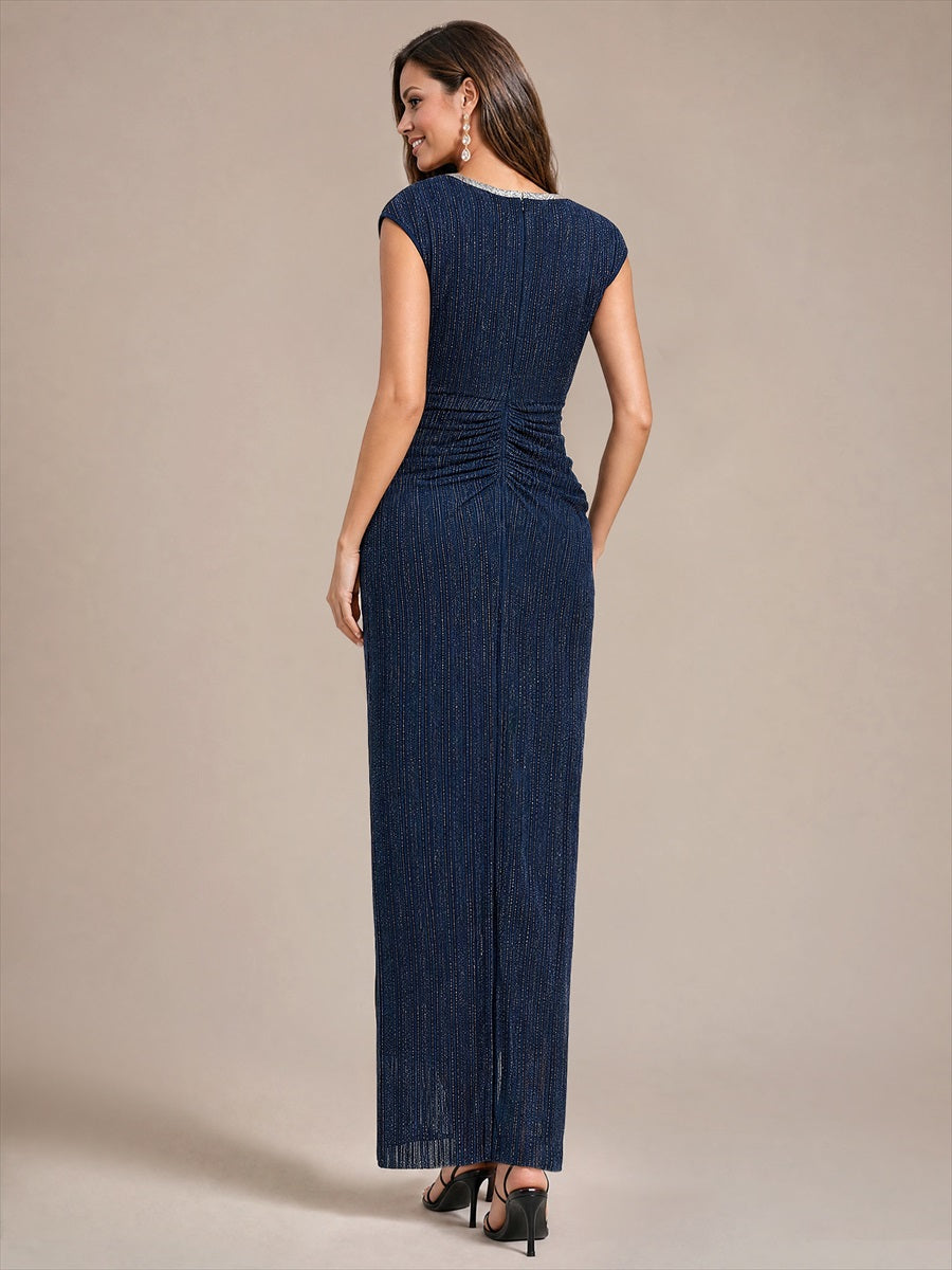 Tulle Cap Sleeve Bodycon Evening Dress #color_Navy Blue