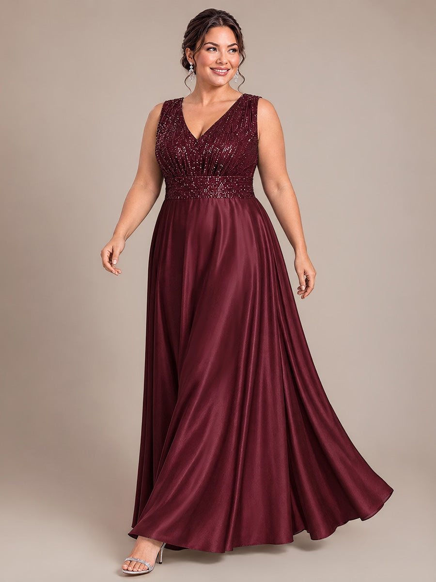 Plus Size Sequin Satin Evening Dress #color_Burgundy