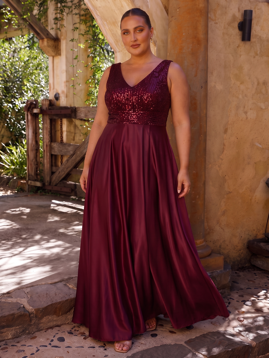 Plus Size Sequin Satin Evening Dress #color_Burgundy