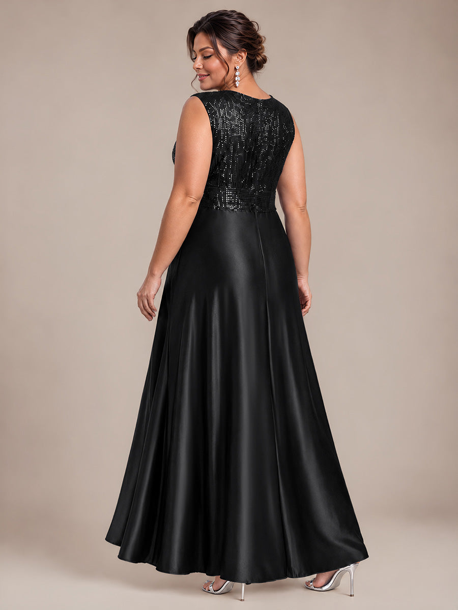 Plus Size Sequin Satin Evening Dress #color_Black