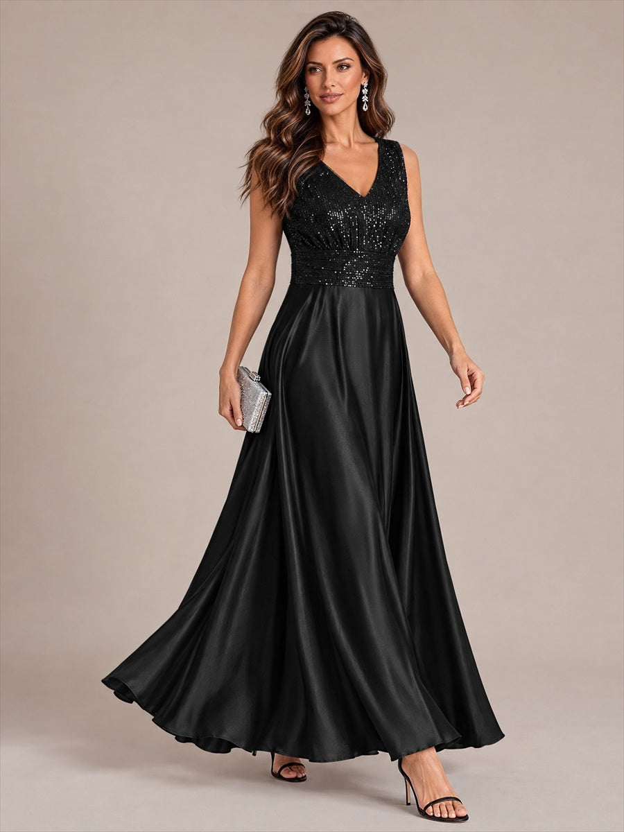 Satin Sleeveless A-Line Evening Dress #color_Black