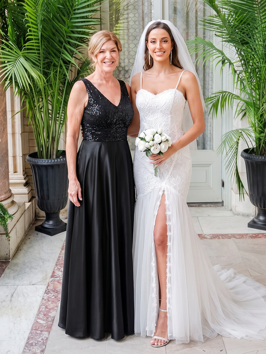 Satin Sleeveless A-Line Evening Dress #color_Black