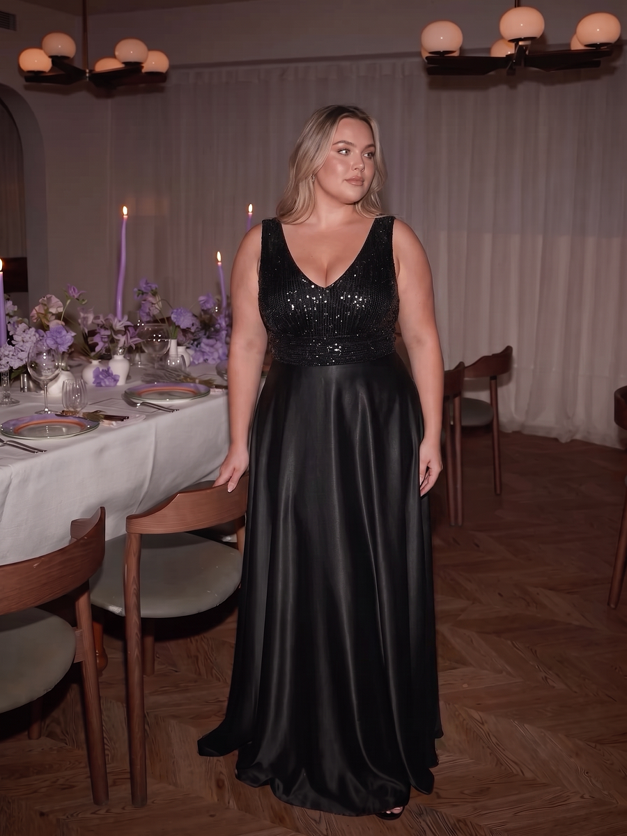 Satin Sleeveless A-Line Evening Dress #color_Black