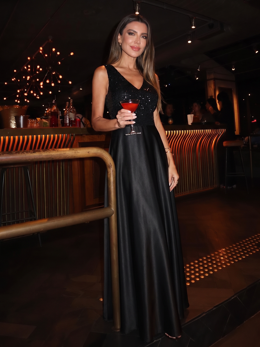 Satin Sleeveless A-Line Evening Dress #color_Black