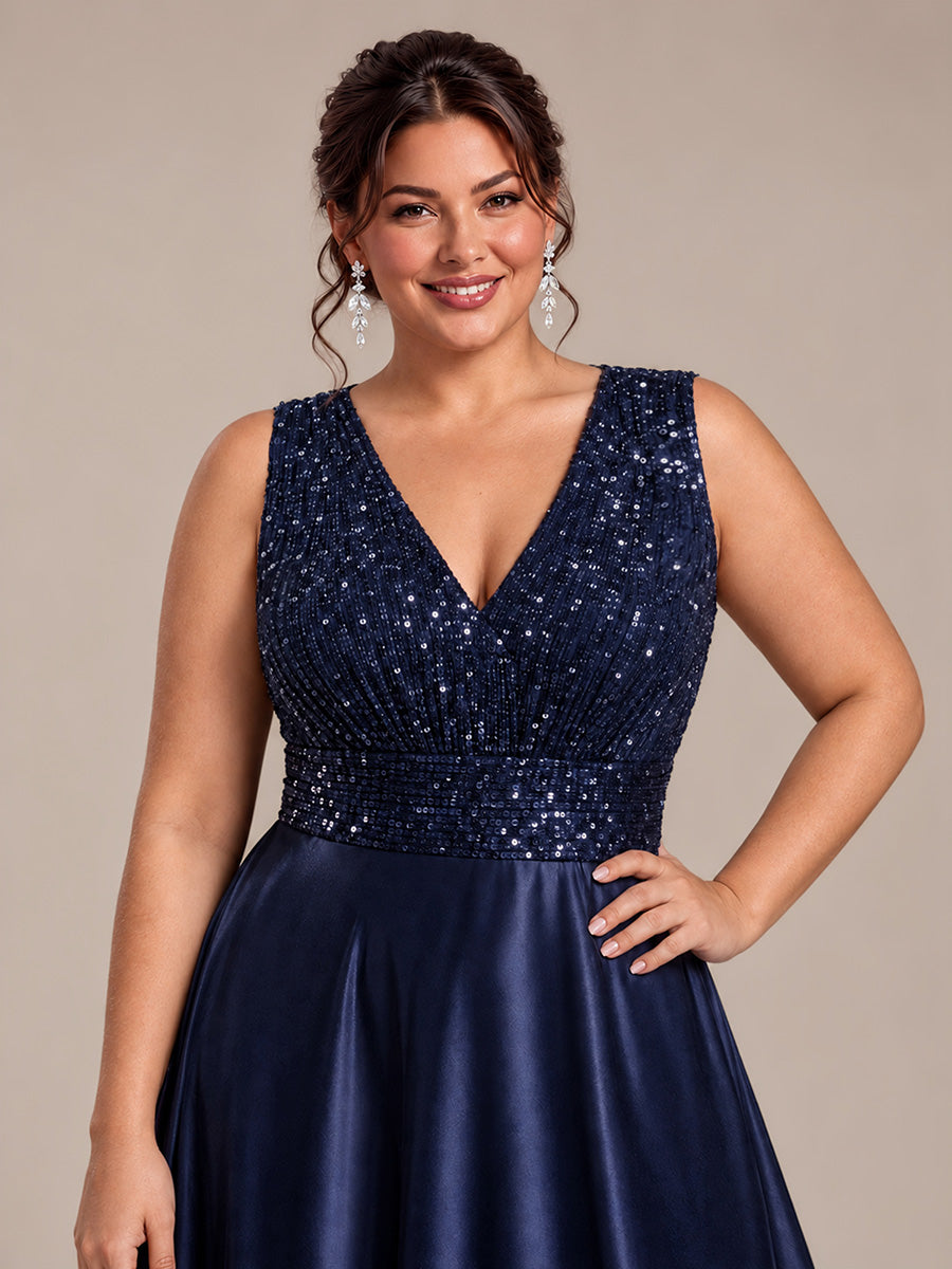 Plus Size Sequin Satin Evening Dress #color_Navy Blue
