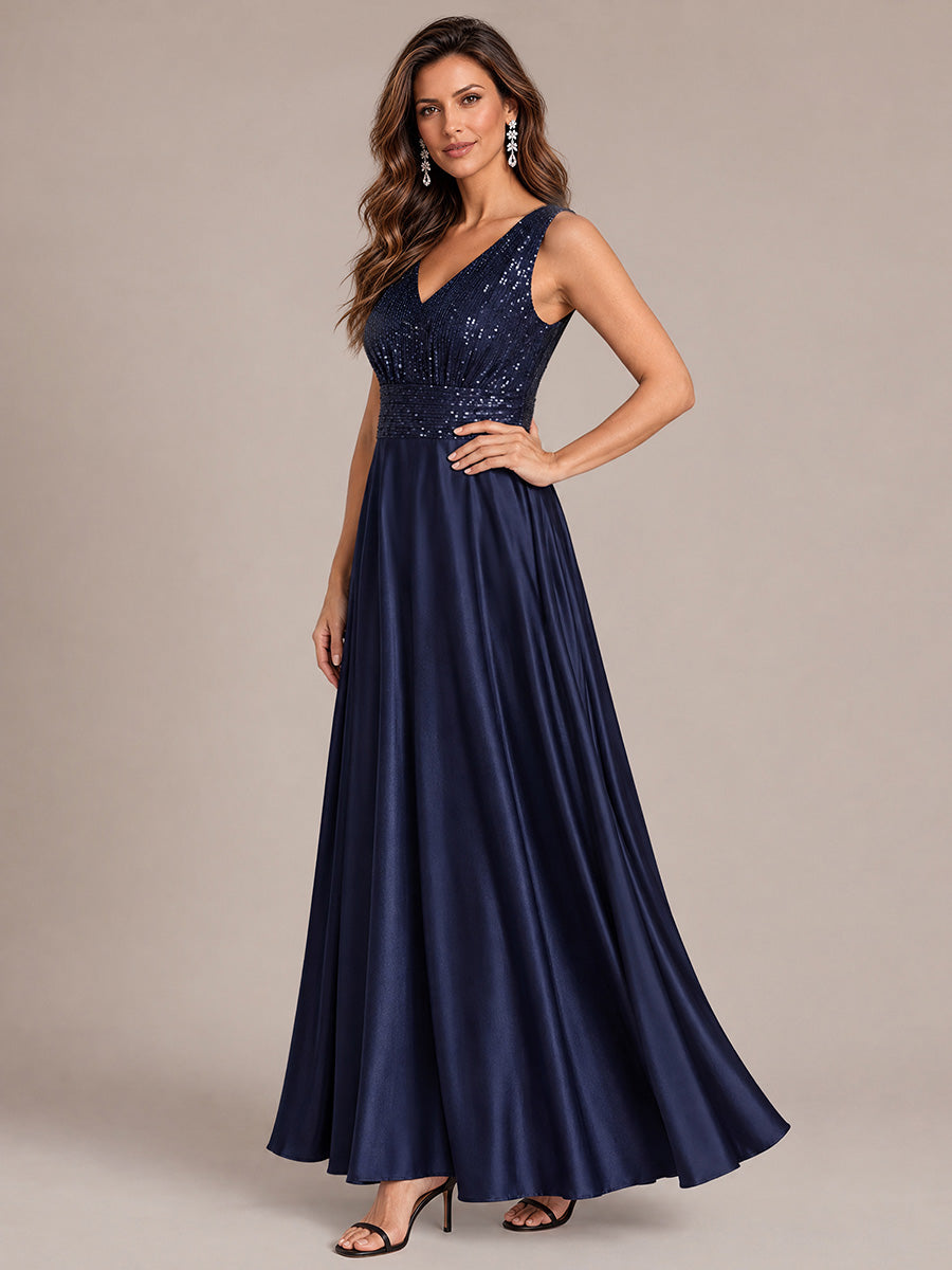 Satin Sleeveless A-Line Evening Dress #color_Navy Blue
