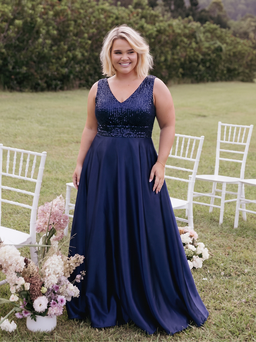 Plus Size Sequin Satin Evening Dress #color_Navy Blue