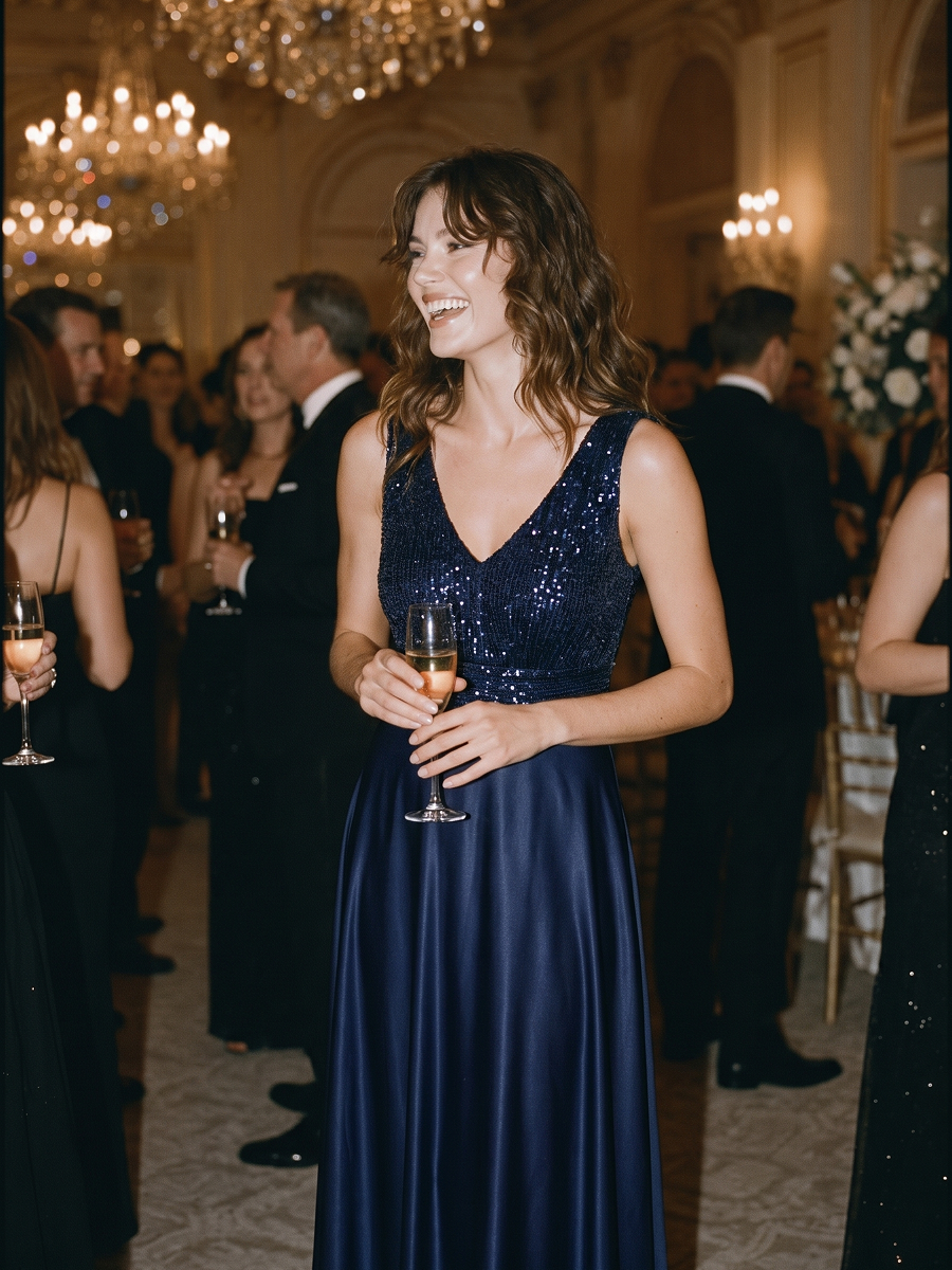 Satin Sleeveless A-Line Evening Dress #color_Navy Blue