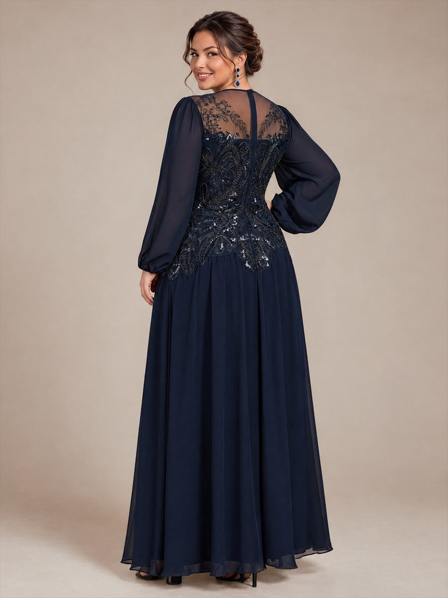 Plus Size See-through Tulle Puff Sleeve Evening Dress #color_Navy Blue