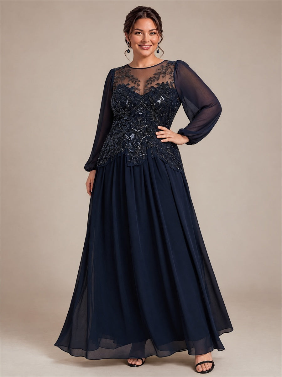 See-through Tulle Puff Sleeve Evening Dress #color_Navy Blue