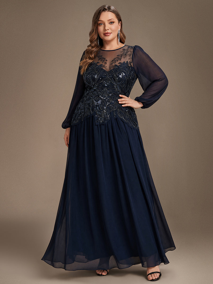Plus Size See-through Tulle Puff Sleeve Evening Dress #color_Navy Blue