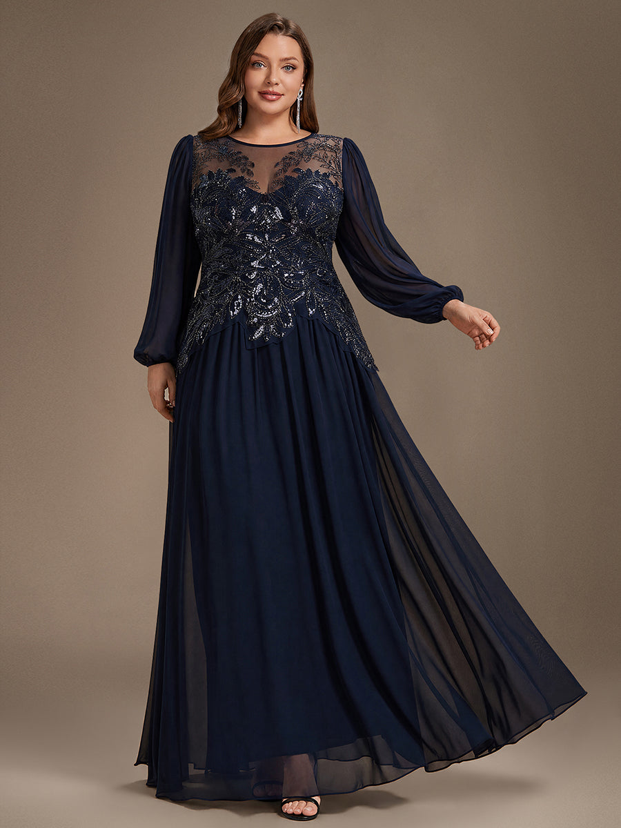Plus Size See-through Tulle Puff Sleeve Evening Dress #color_Navy Blue