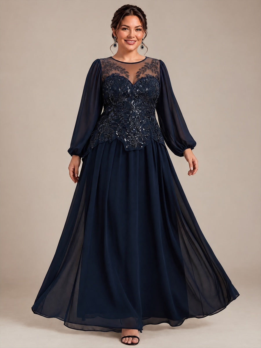 Plus Size See-through Tulle Puff Sleeve Evening Dress #color_Navy Blue