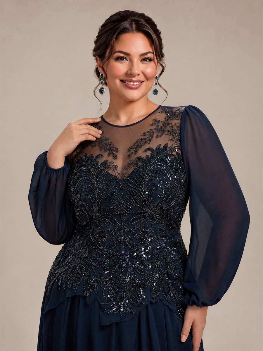 Plus Size See-through Tulle Puff Sleeve Evening Dress #color_Navy Blue