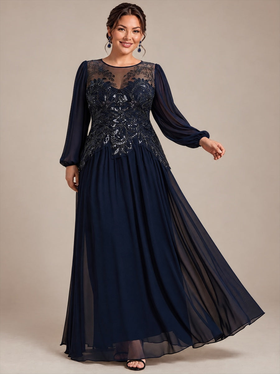 Plus Size See-through Tulle Puff Sleeve Evening Dress #color_Navy Blue
