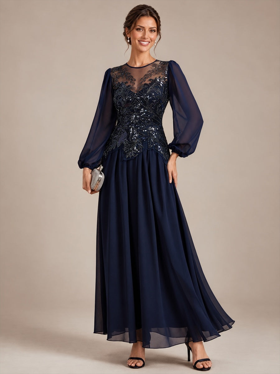 See-through Tulle Puff Sleeve Evening Dress #color_Navy Blue