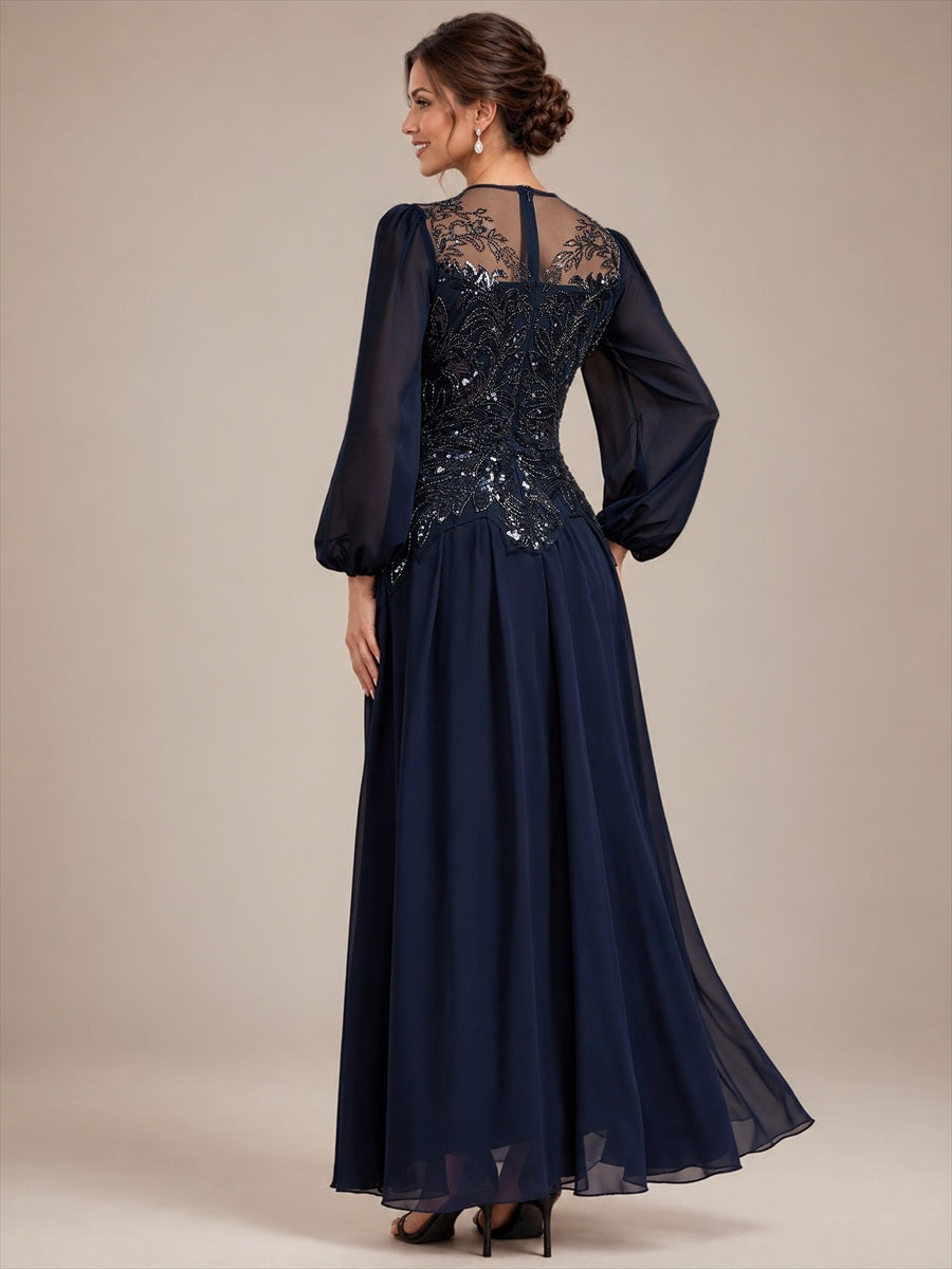 See-through Tulle Puff Sleeve Evening Dress #color_Navy Blue