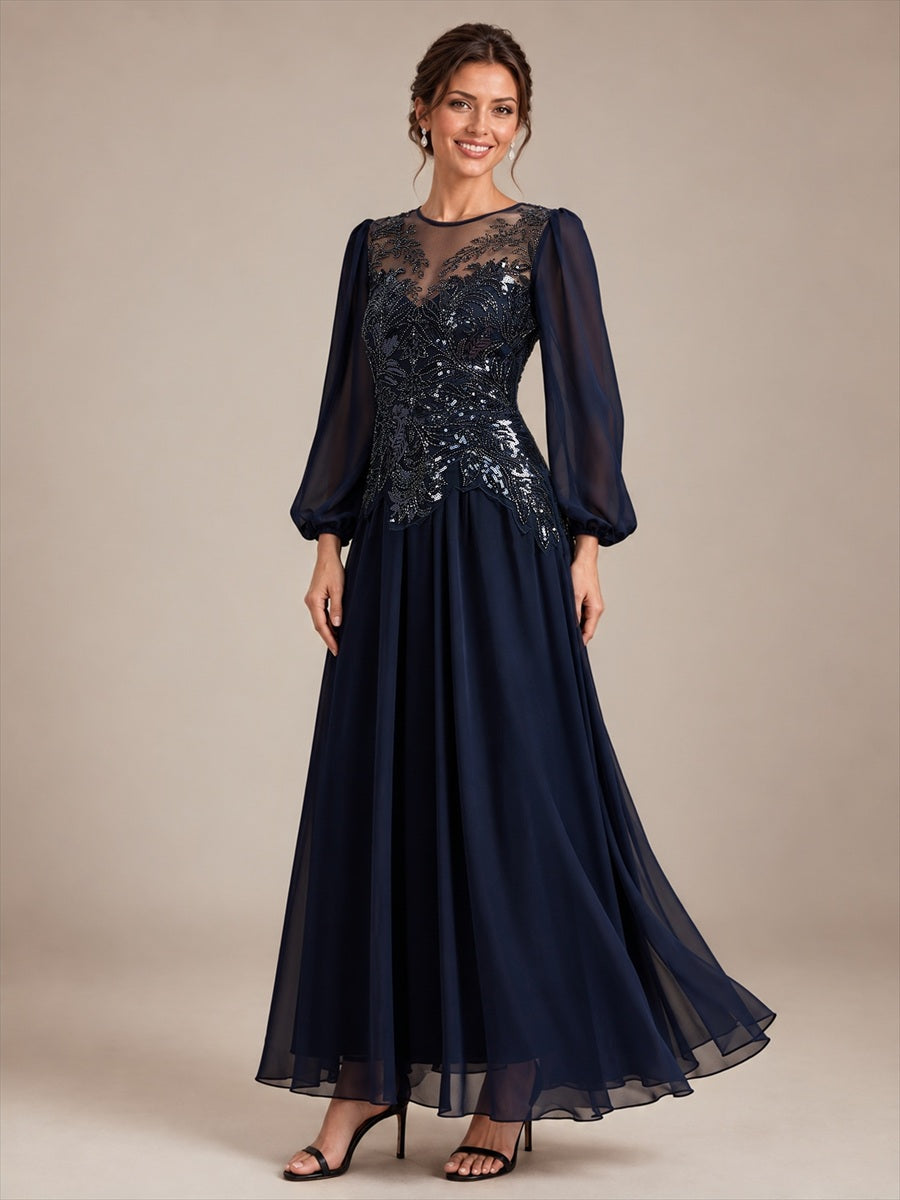 See-through Tulle Puff Sleeve Evening Dress #color_Navy Blue