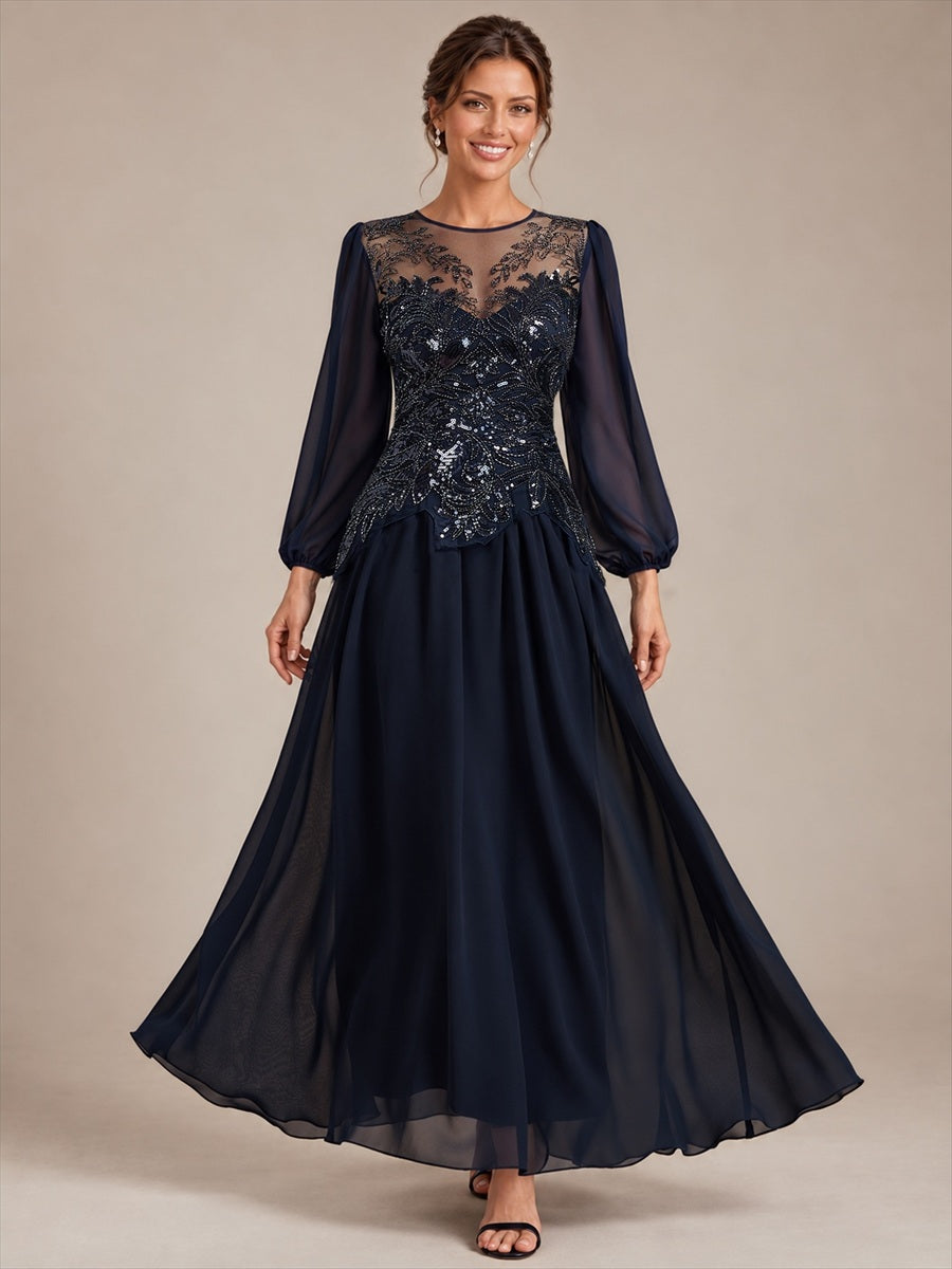 See-through Tulle Puff Sleeve Evening Dress #color_Navy Blue