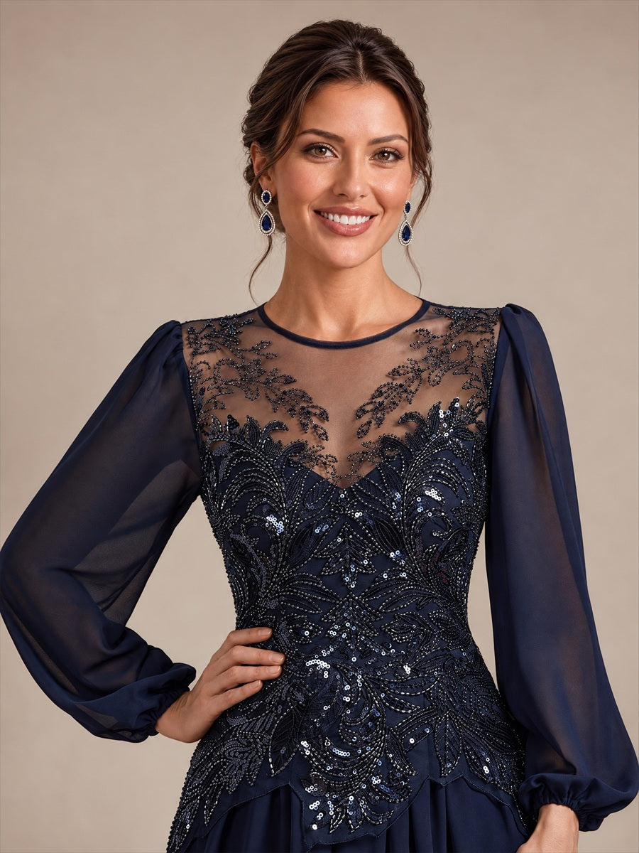 See-through Tulle Puff Sleeve Evening Dress #color_Navy Blue