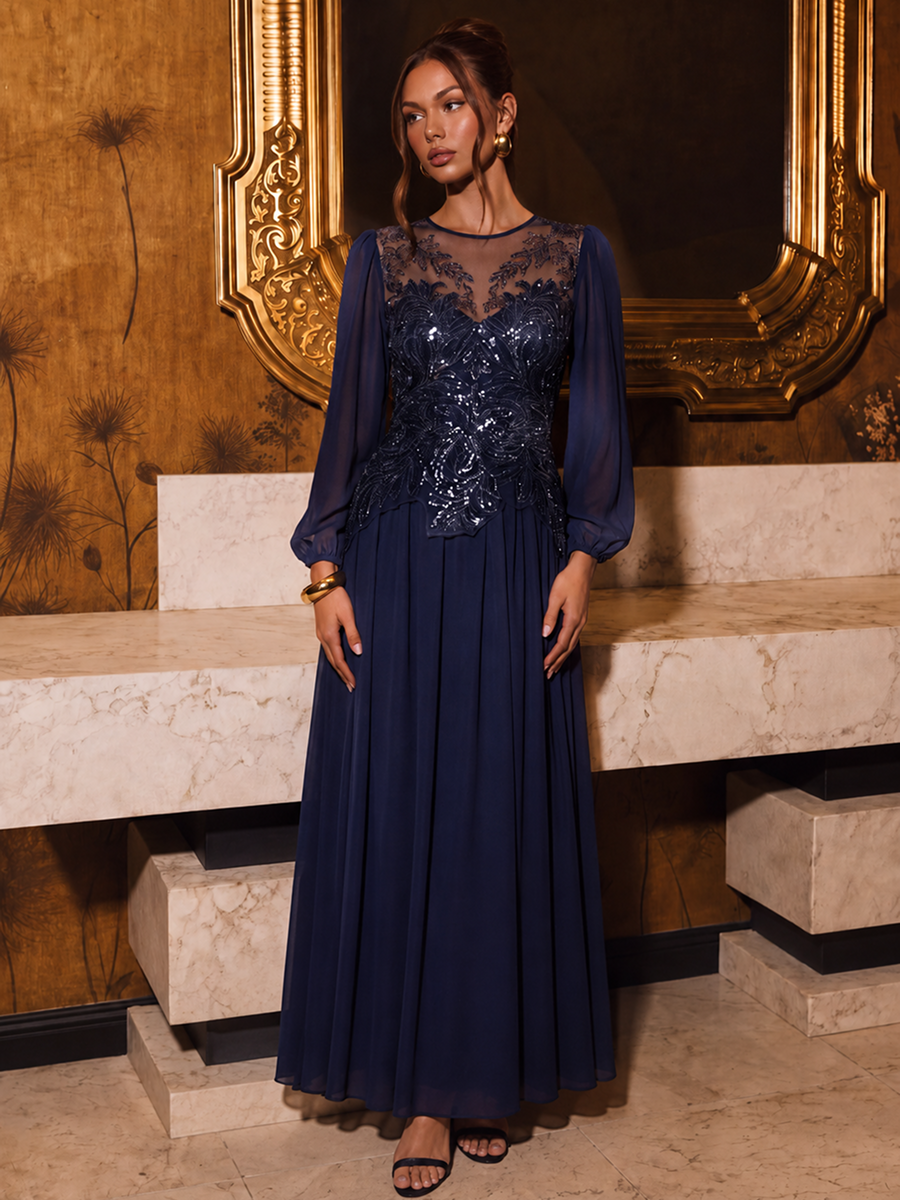 See-through Tulle Puff Sleeve Evening Dress #color_Navy Blue