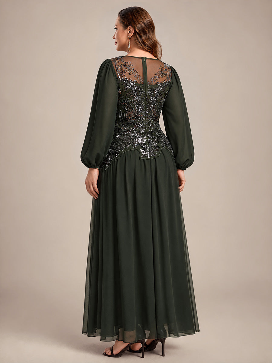 See-through Tulle Puff Sleeve Evening Dress #color_Olive Green