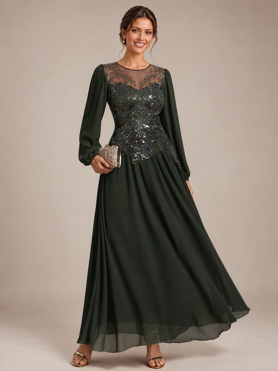 See-through Tulle Puff Sleeve Evening Dress #color_Olive Green