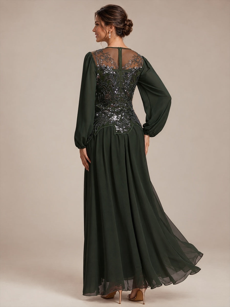 See-through Tulle Puff Sleeve Evening Dress #color_Olive Green