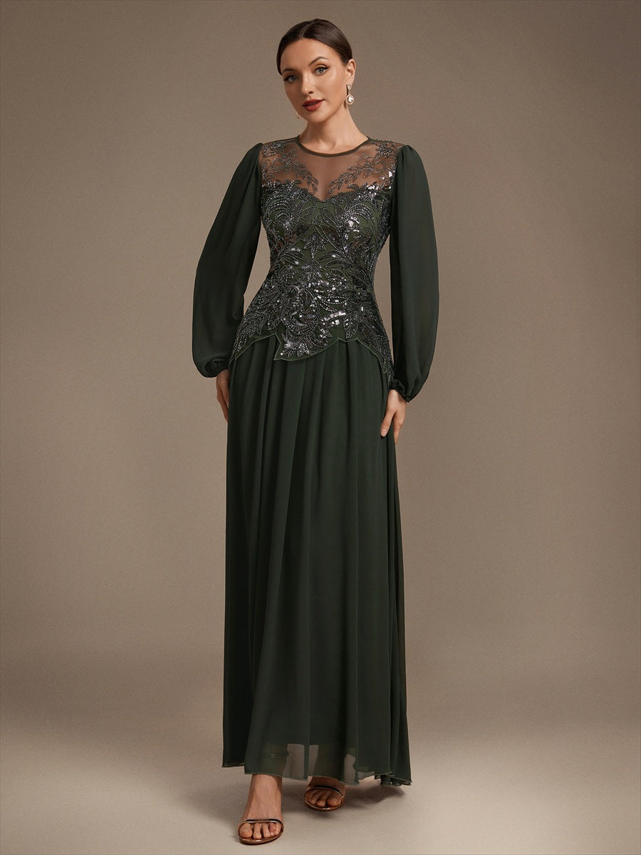 See-through Tulle Puff Sleeve Evening Dress #color_Olive Green
